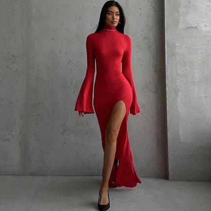 Robe longue fendue sexy à dos ouvert cryptographique, tenues élégantes pour femmes, manches évasées chics, soirée, club, mode, robes rouges