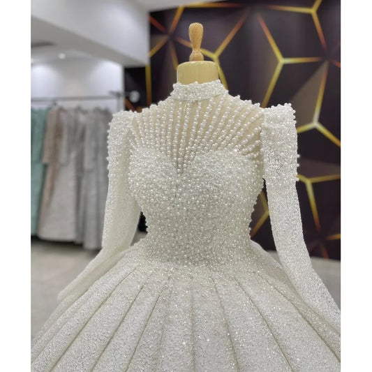 Vestido de novia de lujo con cuentas de perlas, blanco, precioso, cuello alto, mangas largas, cola larga, vestidos de novia para jardín o playa