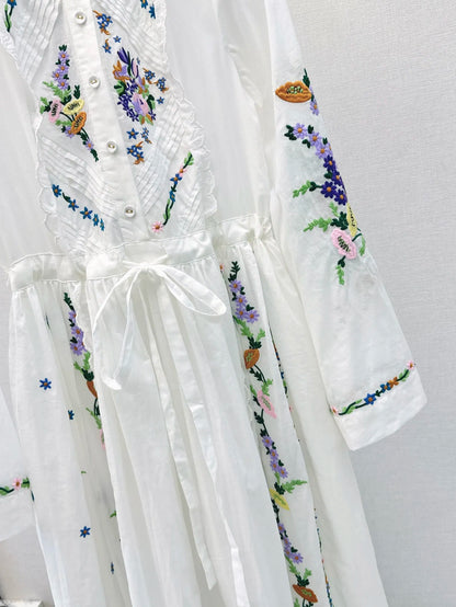 2024 new women's fashion long-sleeved stand-up collar flower embroidery decorative long dress 0713