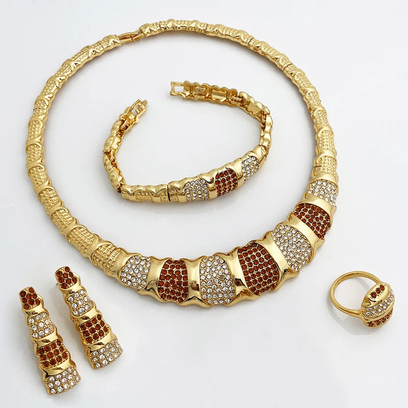 Conjunto de joyas de Dubái para mujer, collar, pendientes, pulsera y anillo de lujo chapados en oro de 18 quilates, joyería para bodas y fiestas de tendencia