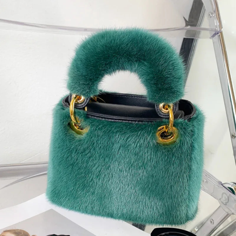 Bolso de mano de piel de visón, pequeño bolso cuadrado, bolso de hombro para mujer, bolso de mano de fiesta, bolso de felpa de moda para mujer, bolso de piel de visón real, bolso de piel peluda