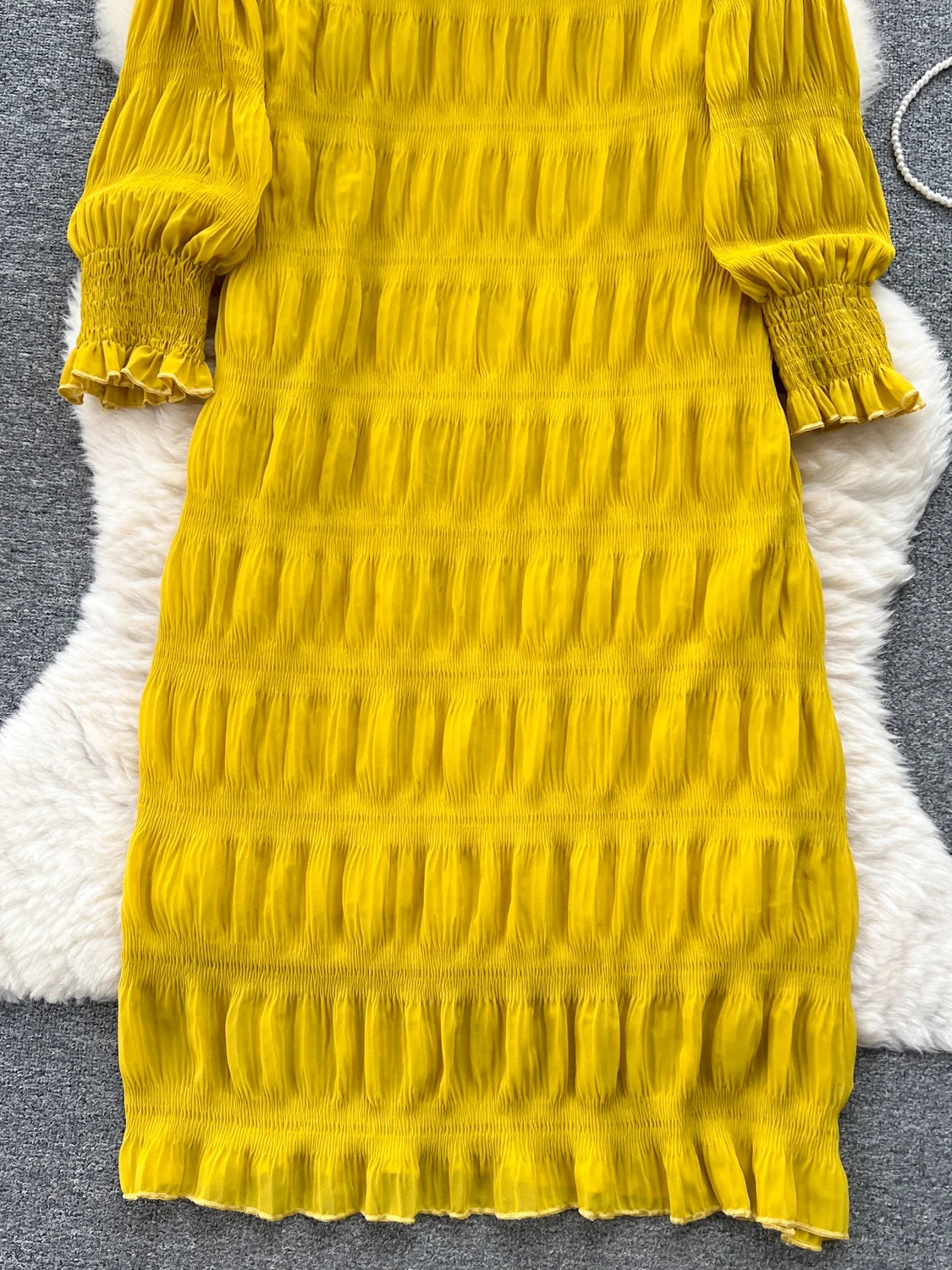 Vestido midi holgado drapeado vintage de otoño para mujer, elegante vestido de cuello redondo con mangas largas abullonadas, vestido informal amarillo/burdeos/verde, nuevo