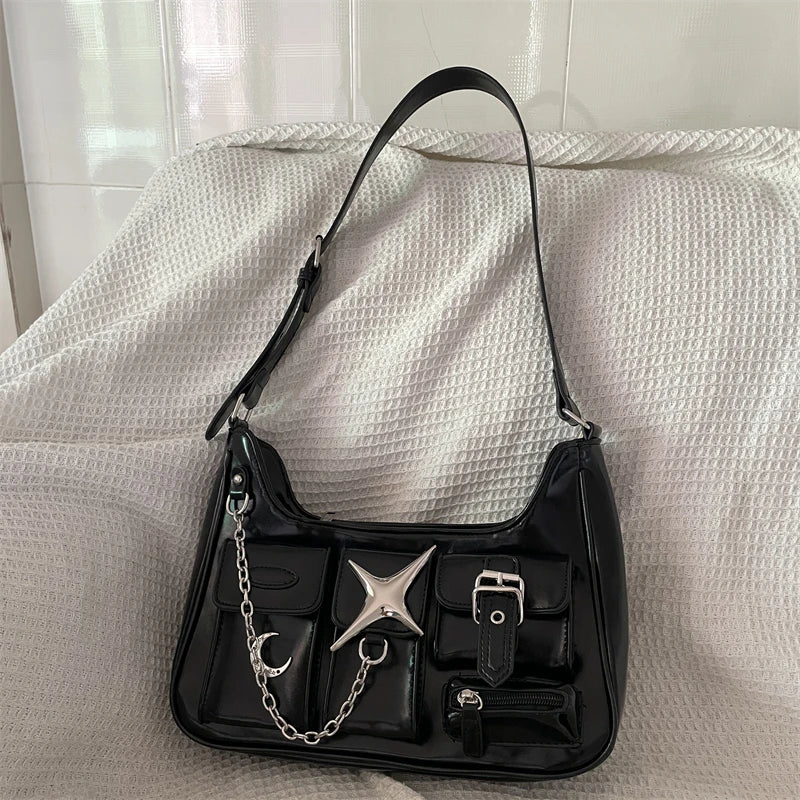 MBTI Y2k Womens Shoulder Bag Harajuku Fashion Gothic Casual Black Chains Handbag Hot Girls Pu Leather Ladies Motorcycle Bag Sac