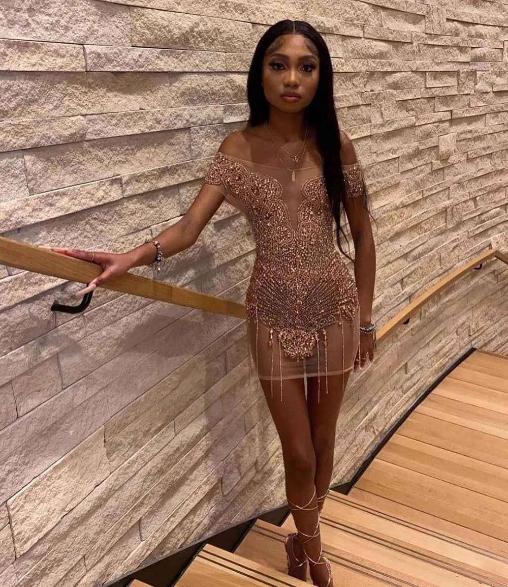 Robe de soirée d'anniversaire courte en diamant doré 2023 exquise robe de cocktail noire transparente avec perles et cristaux faits à la main pour fille