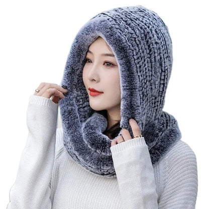 Gorro de piel de conejo de invierno, gorro de punto unisex con capucha, gorro cálido para exteriores, gorro con cordón, gorro de una pieza con cuello para mujer, gorros