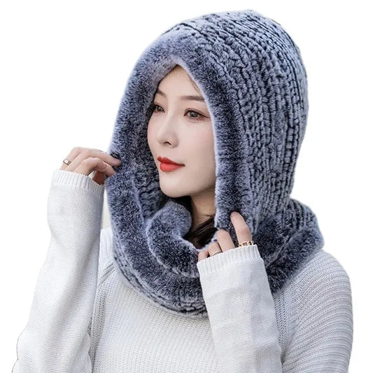 Gorro de piel de conejo de invierno, gorro de punto unisex con capucha, gorro cálido para exteriores, gorro con cordón, gorro de una pieza con cuello para mujer, gorros