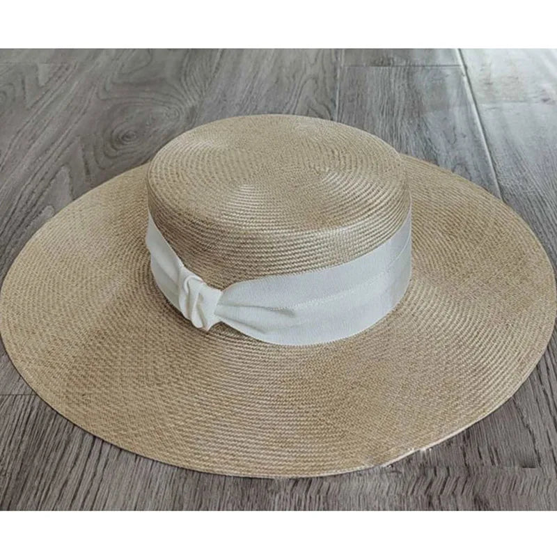 Sombreros de paja de sisal de alta calidad y diseño personalizado para mujer, con lazo, ala ancha grande, informal, con parte superior plana