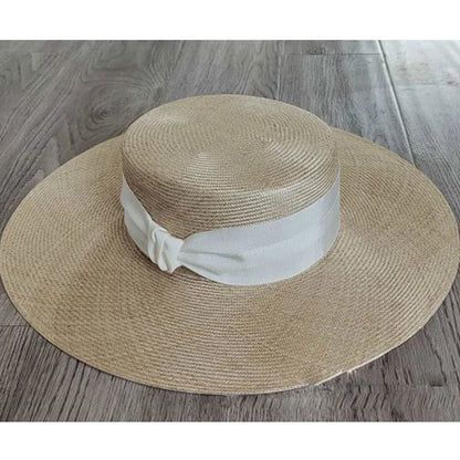 Sombreros de paja de sisal de alta calidad y diseño personalizado para mujer, con lazo, ala ancha grande, informal, con parte superior plana