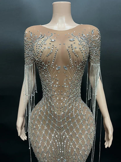 Robe de mariée de danseuse brillante fantaisie, robe impressionnante, transparente, longue, diamant, marron foncé, robe de fête, costume d'anniversaire de luxe