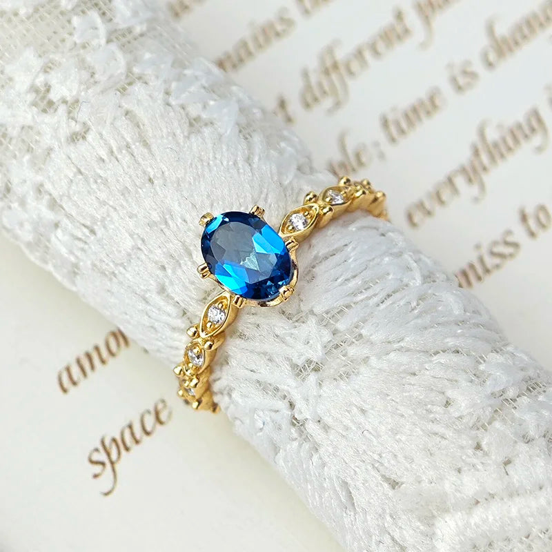 LAMOON Natural Topaz Rings For Women Gemstone Ring Blue Topaz 925 Sterling Silver K Gold Plated Wedding Engagement RI178