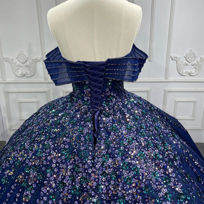 Vestido de noche con lentejuelas brillantes y bordado azul para quinceañera, fiesta de noche, 6696