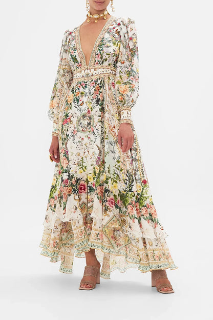 Robe longue de vacances 100 % soie à imprimé floral pour femme, col en V profond, boutons perlés sur le devant, manches longues