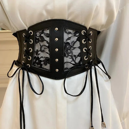 Ceinture élastique en dentelle avec boucle ardillon rétro pour femme, ceinture à nouer, large, multi-tailles, pour chemise, robe, corset