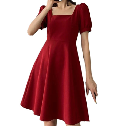 2024 Red Puff Sleeve Square Collar Party Wedding Vestidos Summer Black Elegant Bodycon Midi Dress Women Casual Bow Evening Dress