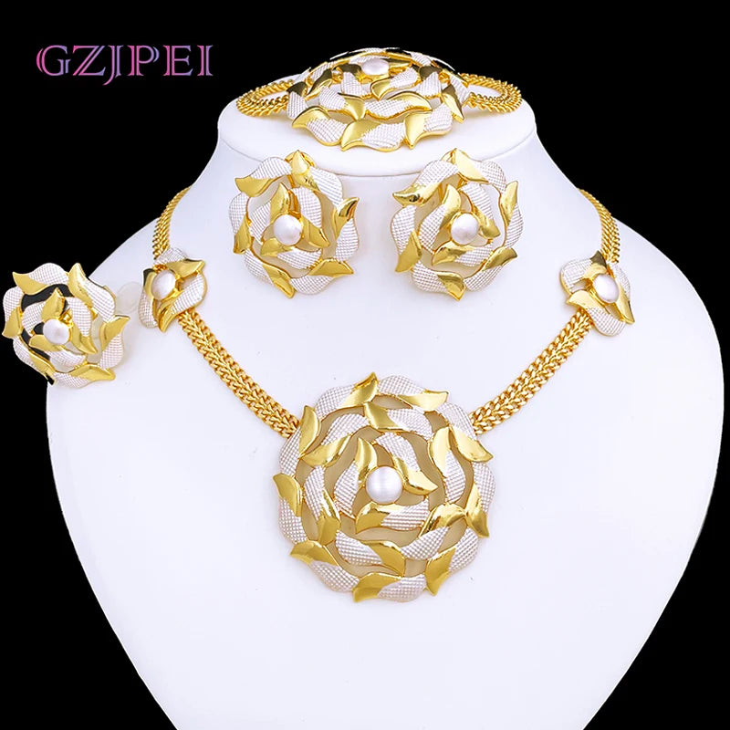 Conjunto de joyas de alta calidad para mujer, collar, pendientes, pulsera y anillo chapados en oro, regalo de fiesta de bodas de tendencia de Dubái, Nigeria