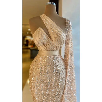 Luxury Feather Glitter Prom Dresses Fashion Halter One-Shoulder Sequins Evening Dresses Custom Made Floor Length Party Gowns