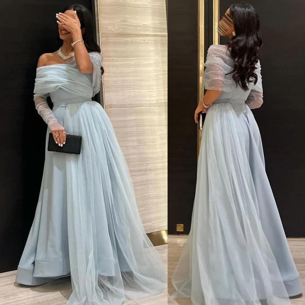 Jersey Pleat Evening A-line Off-the-shoulder Bespoke Occasion Gown Long Dresses