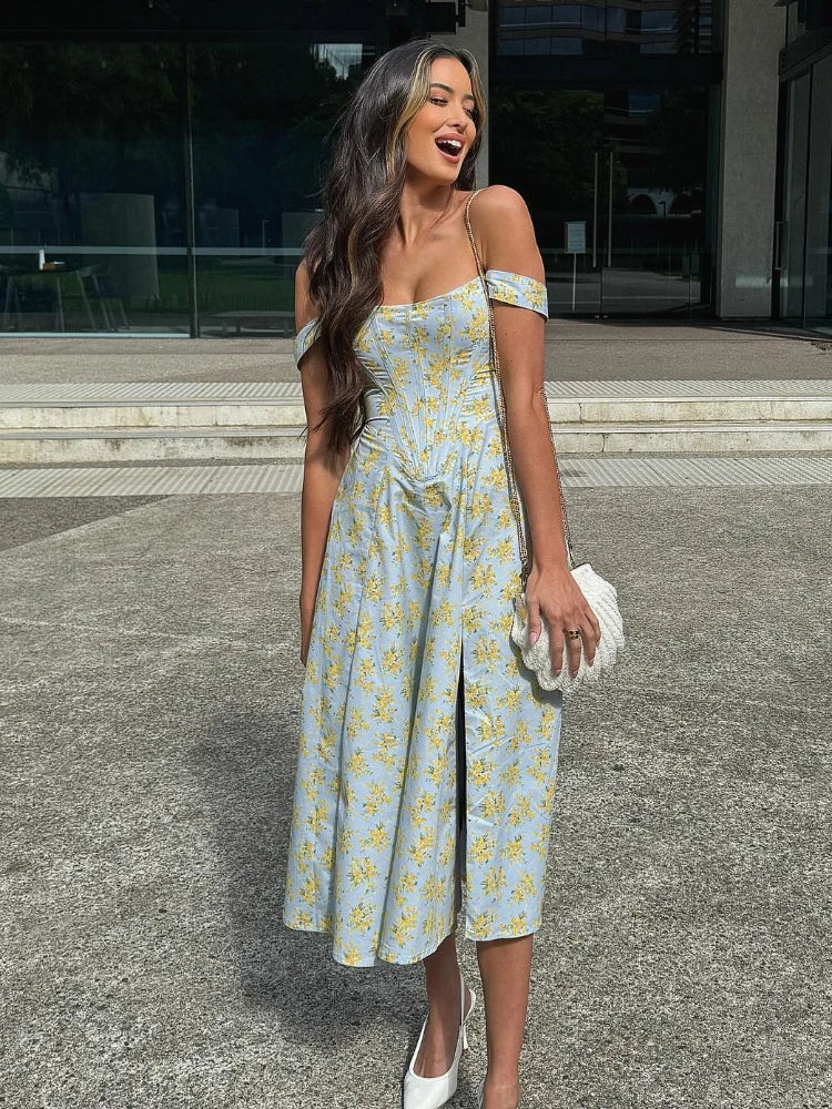 Oligai Elegant and Beautiful Women's Dresses Printing Summer Corset Dress Sexy Green Off The Shoulder Birthday Party Dresses