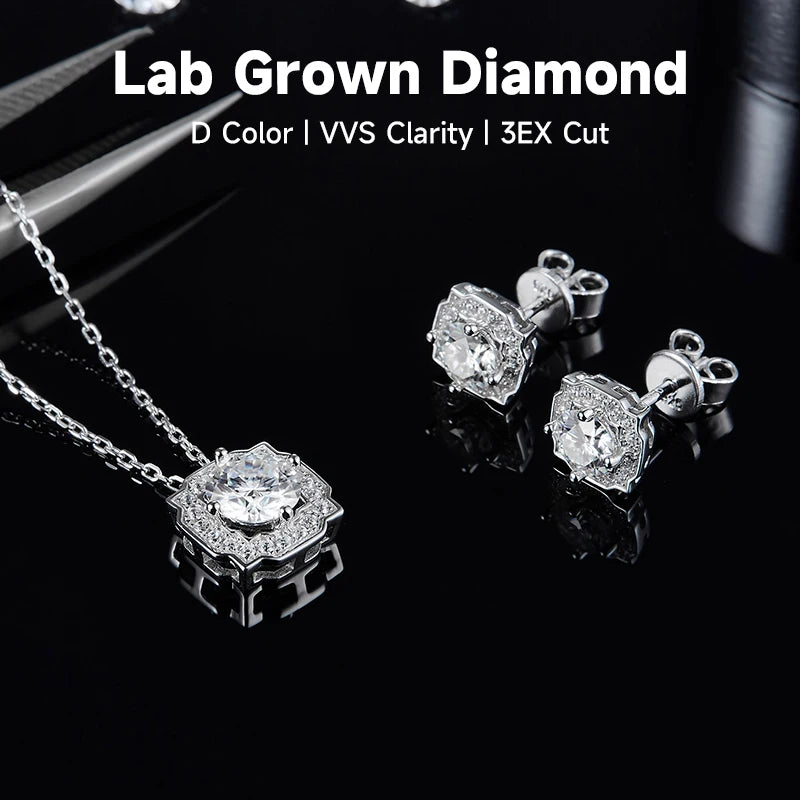 Joyas de diamantes de lujo para mujer, engaste de plata de ley 925, collar de diamantes cultivados en laboratorio de alta calidad, pendientes con certificado