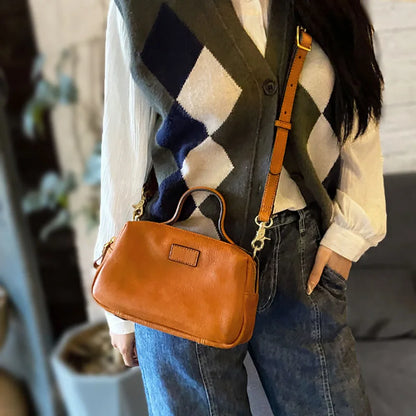 Autumn And Winter 2022 New Artistic Vintage Cowhide Women's Bag Double Zipper One Shoulder Crossbody Handheld Casual Square Bag