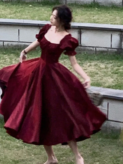 Robe de soirée vintage française bordeaux pour femmes, élégante robe de bal romantique d'été 2023, robes de remise de diplôme coréennes en forme de A