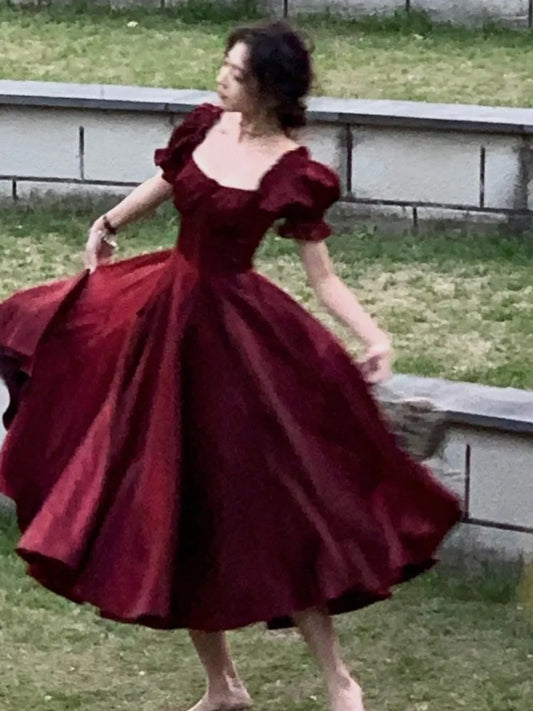 Vestido de fiesta de noche burdeos vintage francés para mujer, elegante vestido de fiesta romántico de verano 2023, vestidos de graduación coreanos de corte A