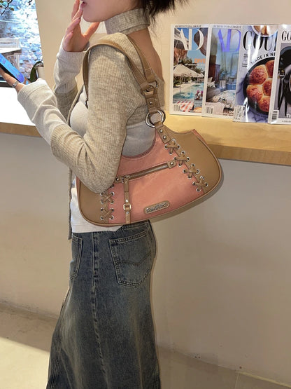 Bolso de mano de un solo hombro para mujer, de piel sintética, con correa de costura cuadrada, de gran capacidad, tendencia de moda, negro y rosa