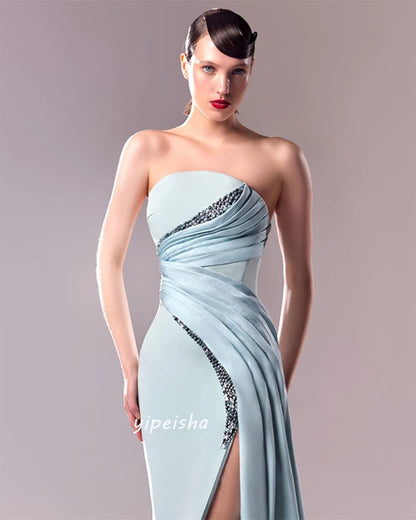 Jiayigong  Classic Modern Style Formal Evening Strapless A-line Beading Pleat Satin Bespoke Occasion Dresses