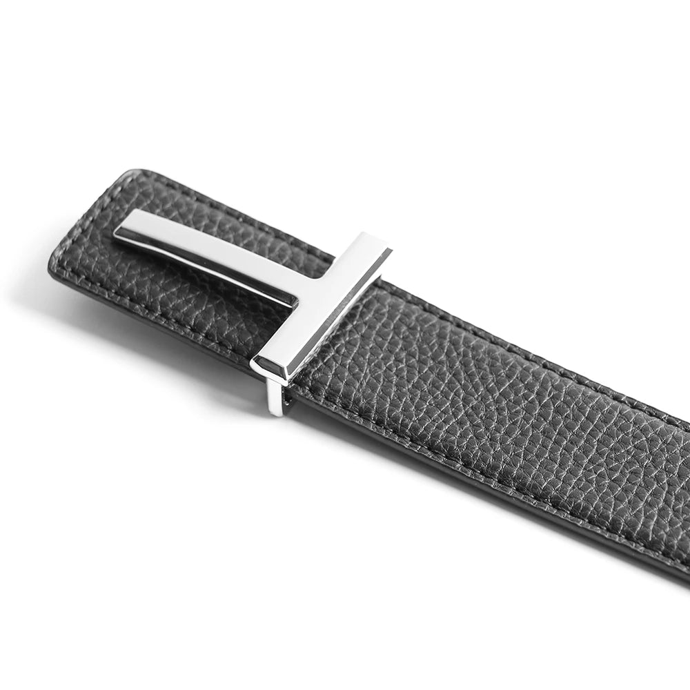 Cinturón con hebilla en T de latón de marca de diseñador de lujo superior para hombres y mujeres, correa de vestir de cuero genuino de alta calidad para cinturilla de jeans gris