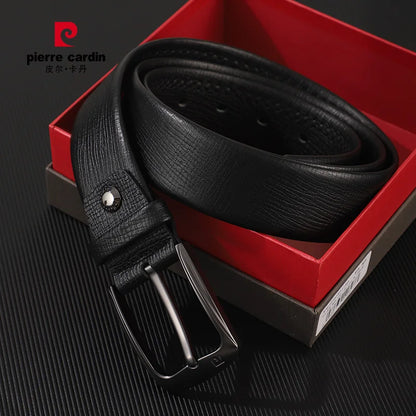 Ceintures en cuir véritable Pierre Cardin pour hommes, ceinture à boucle aiguille, ceinture noire