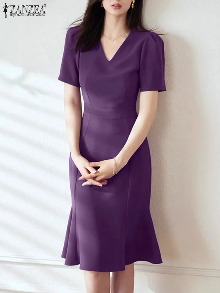 ZANZEA Elegant V Neck Slim Fit Dress Women Summer Party Sundress Office OL Vestidos Short Sleeve Work Robe Stylish Dresses 2024