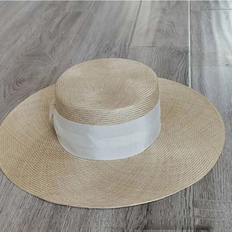 Designer Custom Fashion High Quality Sisal Grass Straw Hats For Women Bow Ribbon Big Wide Brim Casual Flat Top Cap Chapeau Femme