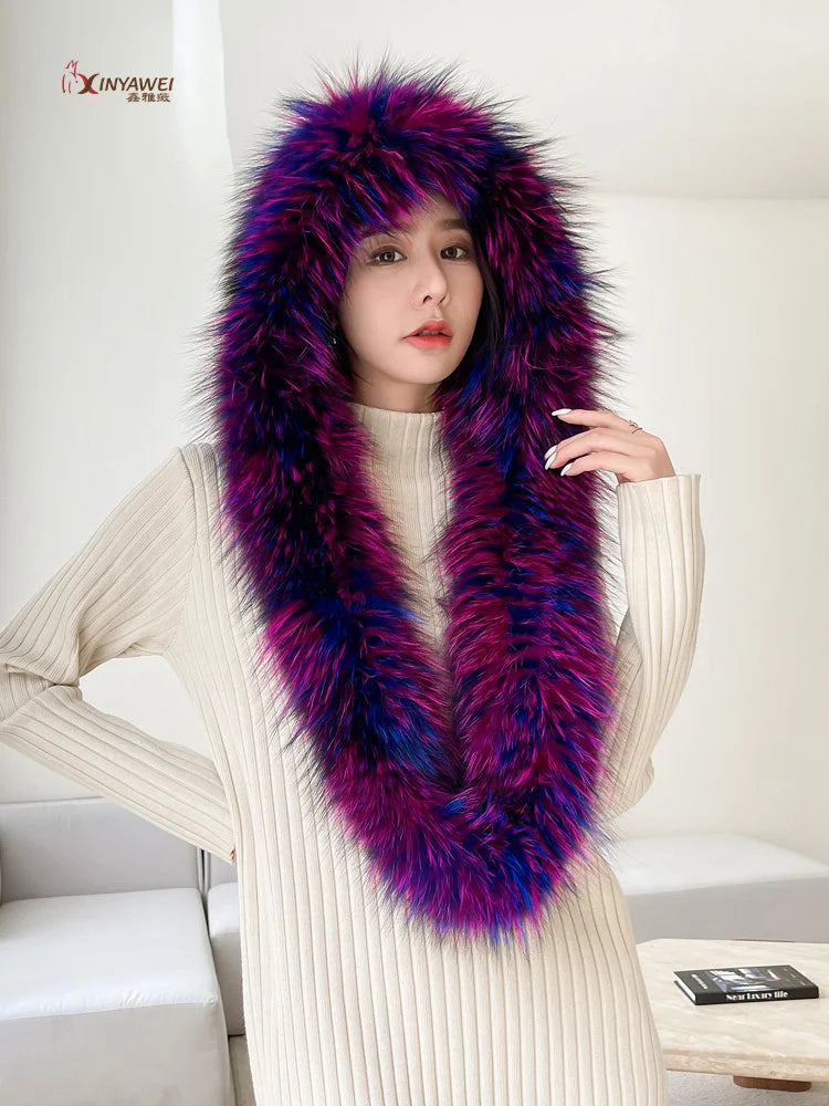 Winter Fox Fur Scarf Hat One Piece Women's Leisure and Warm Double Sided Fur Ear Protector Fur Wind and Snow Hat Versatile