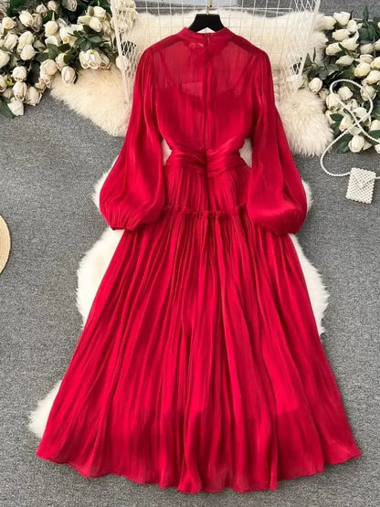 TRAF French Luxury Folds Wedding Formal Occasion Dresses Women's Stand Puff Sleeve Chic A-Line Pleated Shine Robe Clothes