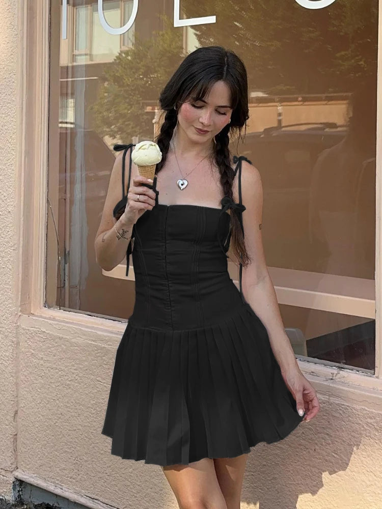 Oligai Fashion Summer Dresses 2024 Black Spghetti Strap Pleated Dress Sexy Casual Birthday Holiday Short Dresses Women Clothing