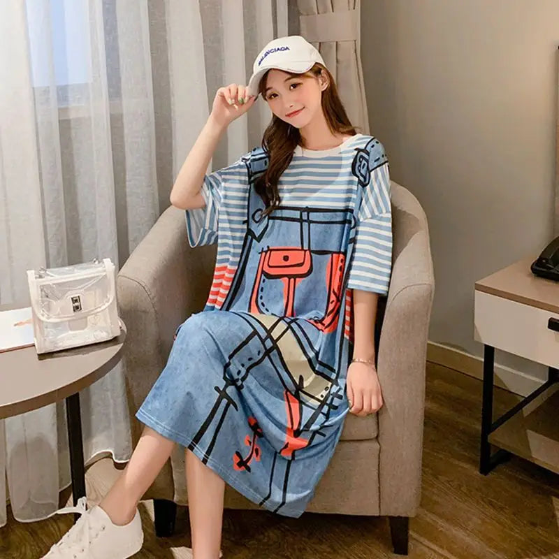 Fashion Summer Dress For Women New Long Dress Cartoon Anime One Piece Outfit Women Short Sleeve Loose Plus Size Dresses