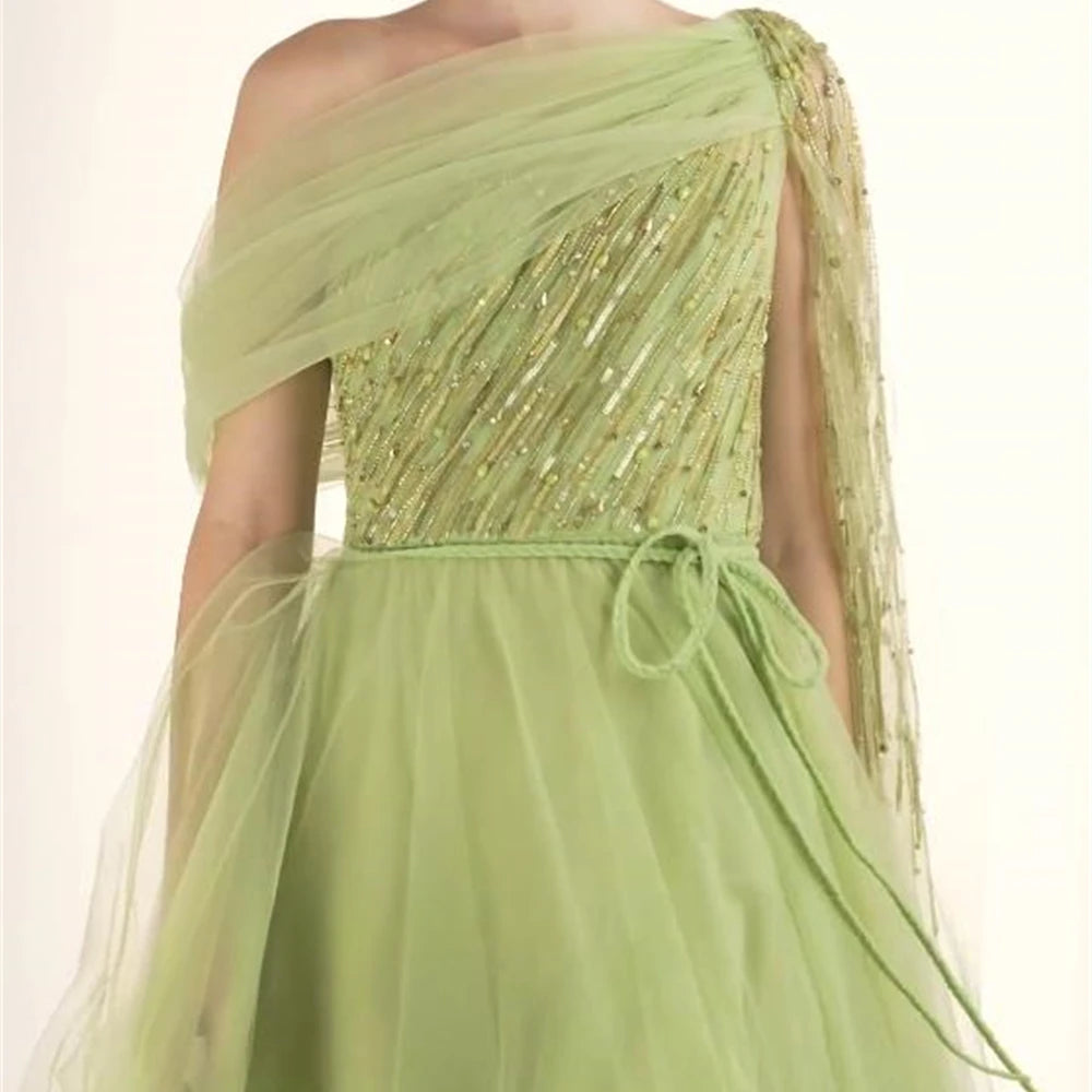 Vestido de fiesta sencillo verde claro para mujer, vestido de fiesta elegante con un hombro al descubierto, cuentas, corte en A, drapeado, de organza, vestidos de noche