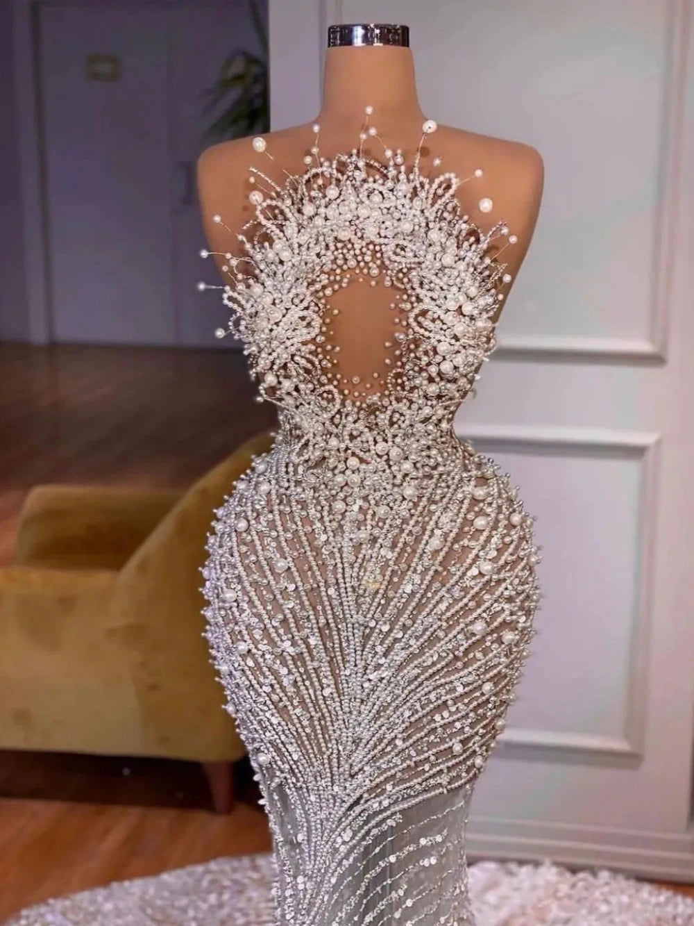 Sexy Illusion Strapless Bridal Dress Sparkly Sequins Pearls Wedding Gown 2024 Luxury Mermaid Long Bride Robe Vestido De Novia