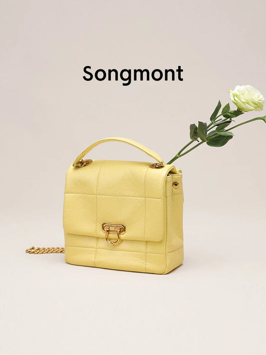 Songmont Medium soft chocolate bags for women shoulder classic chain bags top layer cowhide leather square style