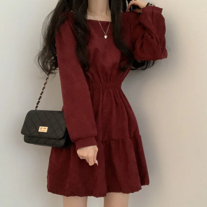 Women Long Sleeve Black Dresses Square Collar A-Line Sweet Vintage Design High Waist Mini Length Soft Korean Elegant