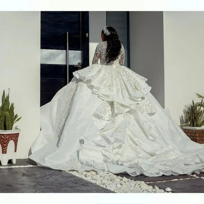 Vestido de novia modesto de cuello alto y manga larga con lentejuelas brillantes y cuentas, vestido de novia de lujo, vestido de novia largo