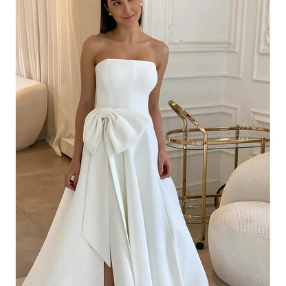 Elegant Wedding Dress Strapless Bow Pleat Split Floor Length Sweep Train A-Line Gown Formal Occasion Women Long Dresses Vestidos