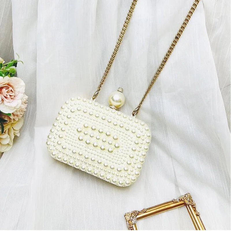 White Pearl Chain Shell Bag Genuine leather Handmade Women Square Clutch Evening Bag Size 15.5*11*5.5