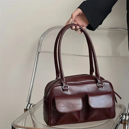 Bolsos de hombro vintage para mujer, de negocios, sencillos, de piel sintética, para ir al trabajo, para debajo del brazo, color burdeos, grandes