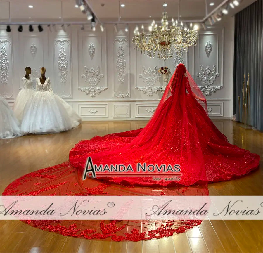 Vestido de novia con cola larga y encaje rojo y cuentas de Amanda Novias NS4740