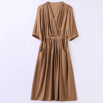 19 Momme Robe d'été en soie véritable pour femme, élégante, mode, col en V, taille haute, manches mi-longues, couleur unie, robe longue pour femme, ligne A