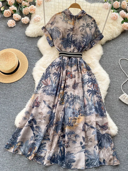 2022 Women Vintage Party Dress Summer French Elegant Print Dress Ladies High Waist Retro Single Breasted Belt Casual Long Dress