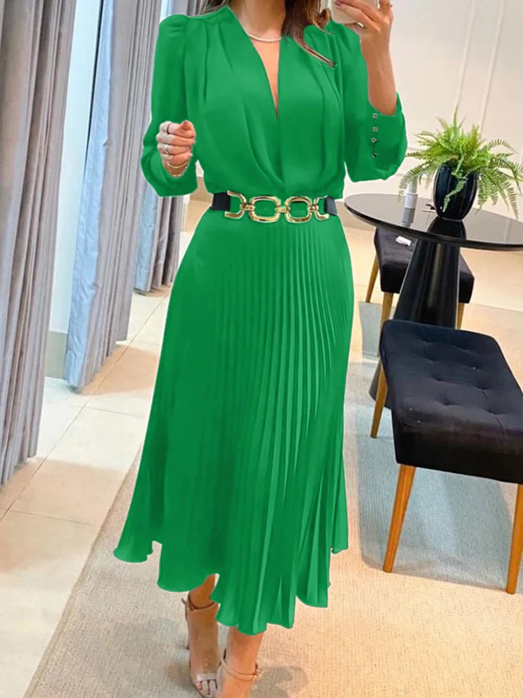 Drauuing Black Ankle Length Dresses Women V Neck Long Sleeve Loose Elegant Office Lady Fold Dresses Women Autumn New