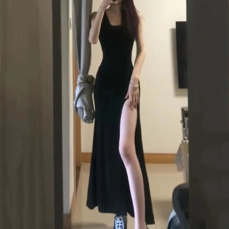 Vestido sexy de tirantes finos con abertura alta de Rimocy para mujer, vestido ajustado negro de verano 2024, vestido largo de fiesta sin mangas para mujer