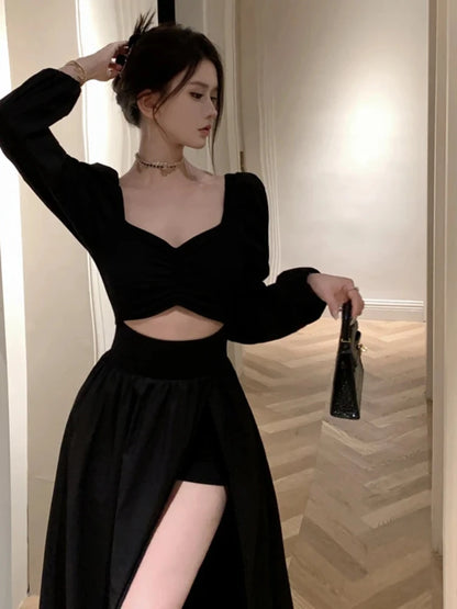 Long Sleeve Dresses Women Clothes Gown Sexy Side-slit Solid Maxi Vestidos Mujer Chic Autumn French Streetwear Unique Design New